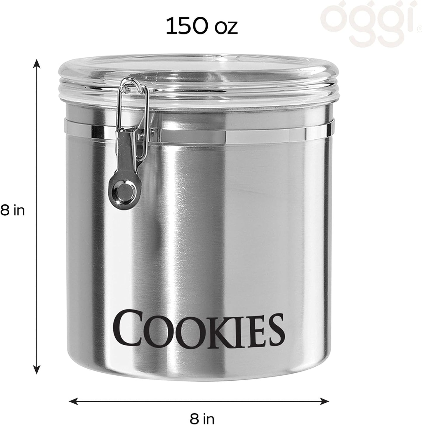 Oggi Jumbo 8" Stainless Steel Cookies Clamp Canister - Airtight Food Storage Container Ideal for Kitchen & Pantry Storage of Cookies or other Bulk, Dry Foods.
