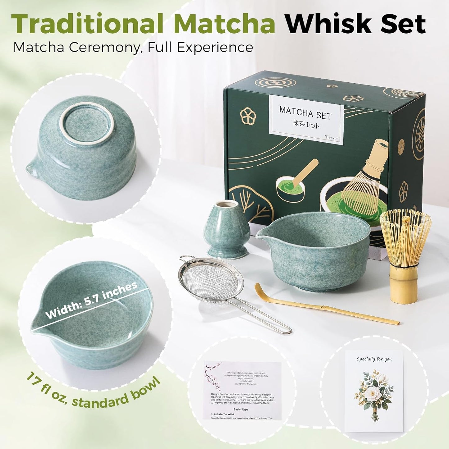 Matcha Whisk Set - Bamboo Whisk and Holder, Bowl with Spout (17 oz), Matcha Sifter and Scoop, 5 Pcs Cute Matcha Kit Set Gift for Matcha Lovers (Bluish Green)