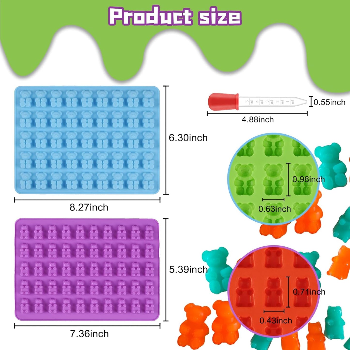 Two Different Sizes Gummy Bear Candy Molds, Set of 4 Non-Stick Silicone Candy Chocolate Gummy Molds with 2 Droppers