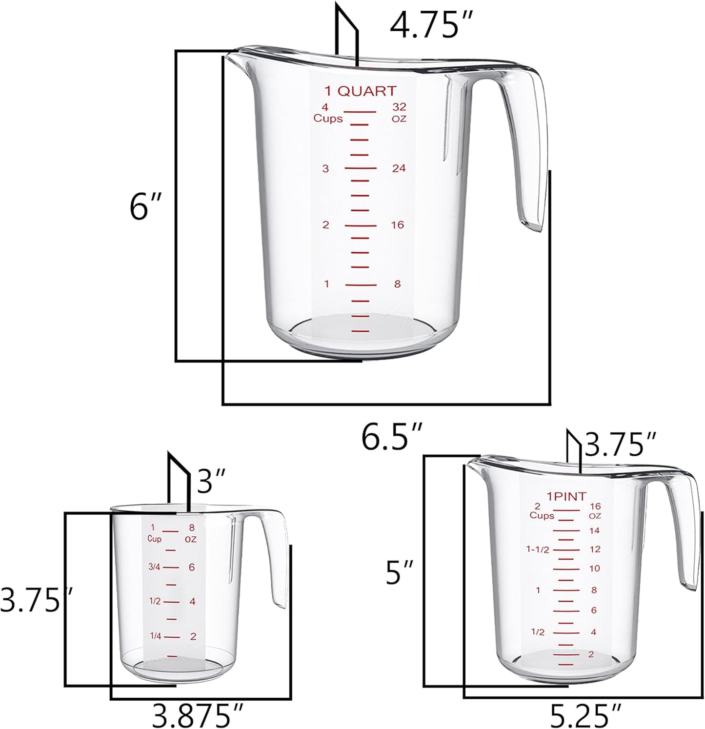 DaYammi Measuring Cups 3-Piece, Unbreakable Food-Grade Plastic Measuring Cup for Dishwasher, 1/2/4-Cup Nesting Liquid Measuring Cups for Prepping, Baking, Cooking, Readable Markings, Clear