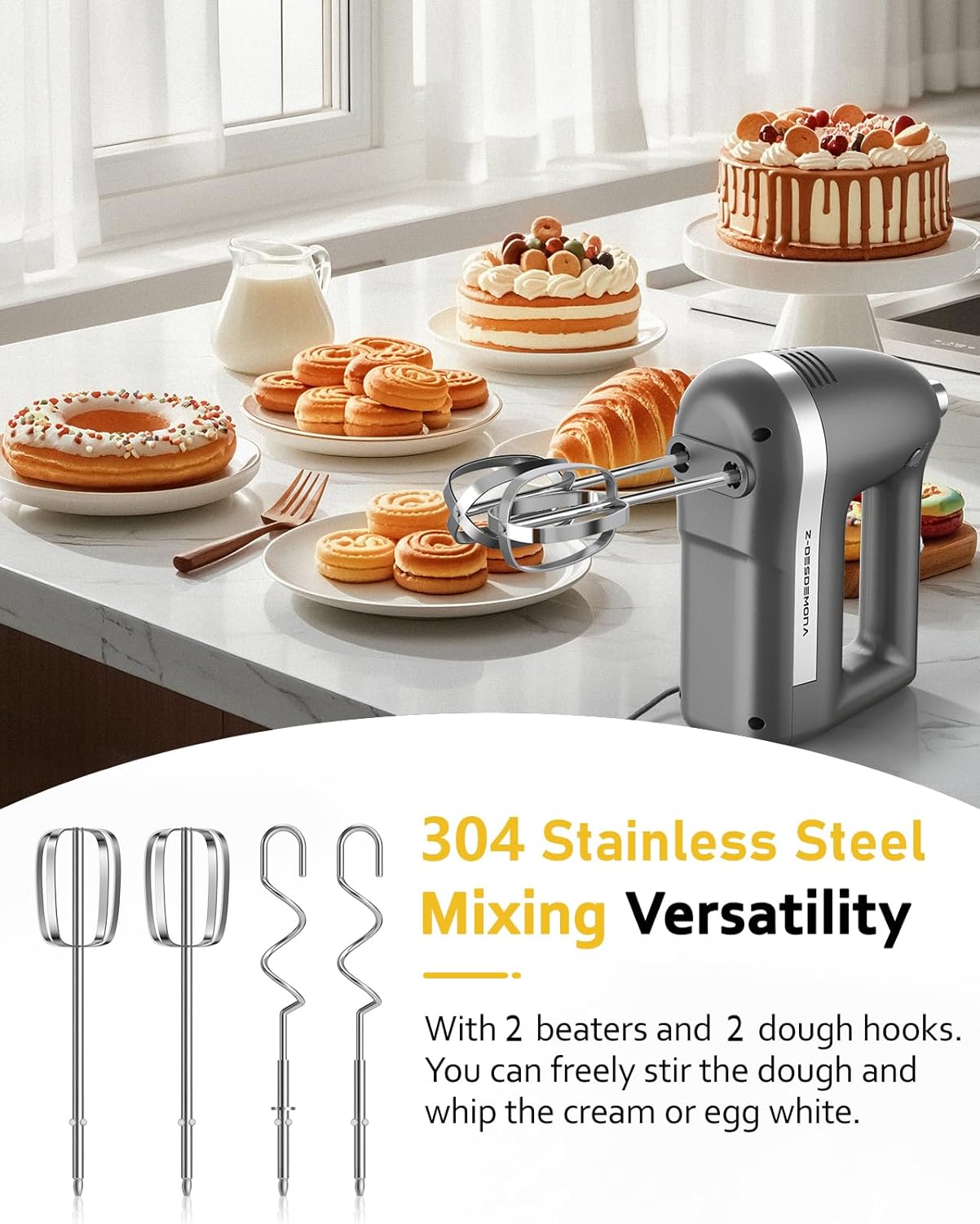 Electric Hand Mixer, Powerful Hand Mixer Electric Handheld with 304 Beaters, Dough Hook,Hand Held Mixer with Turbo for Baking Cakes, Eggs, Cream Food(Grey)