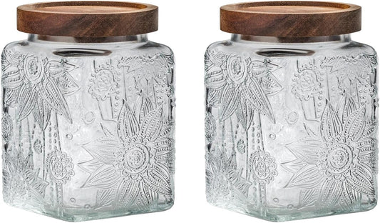 Snminetal Vintage Glass Airtight Storage Jar, With Airtight Wood Lid, Kitchen Food Storage Containers,for Kitchen Counter, Pantry, Tea, Sugar, Coffee Tea Beans,Flour,Food Storage Jar (Sunflower*2)