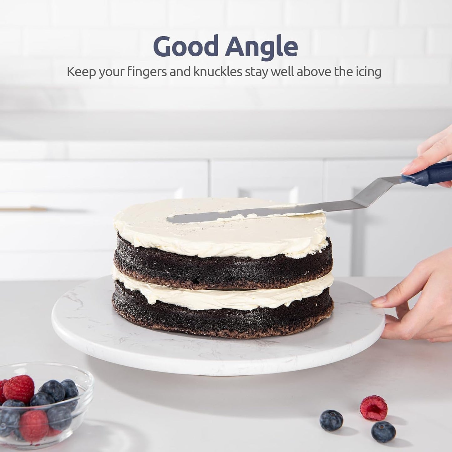 U-Taste Offset Spatula for Cake: Angled Icing Spatula Set with Wide 6", 8", 10" Blade, Flexible Stainless Steel Pastry Decorating Frosting Metal Baking Spreader for Cupcake (Set of 3, Midnight Blue)