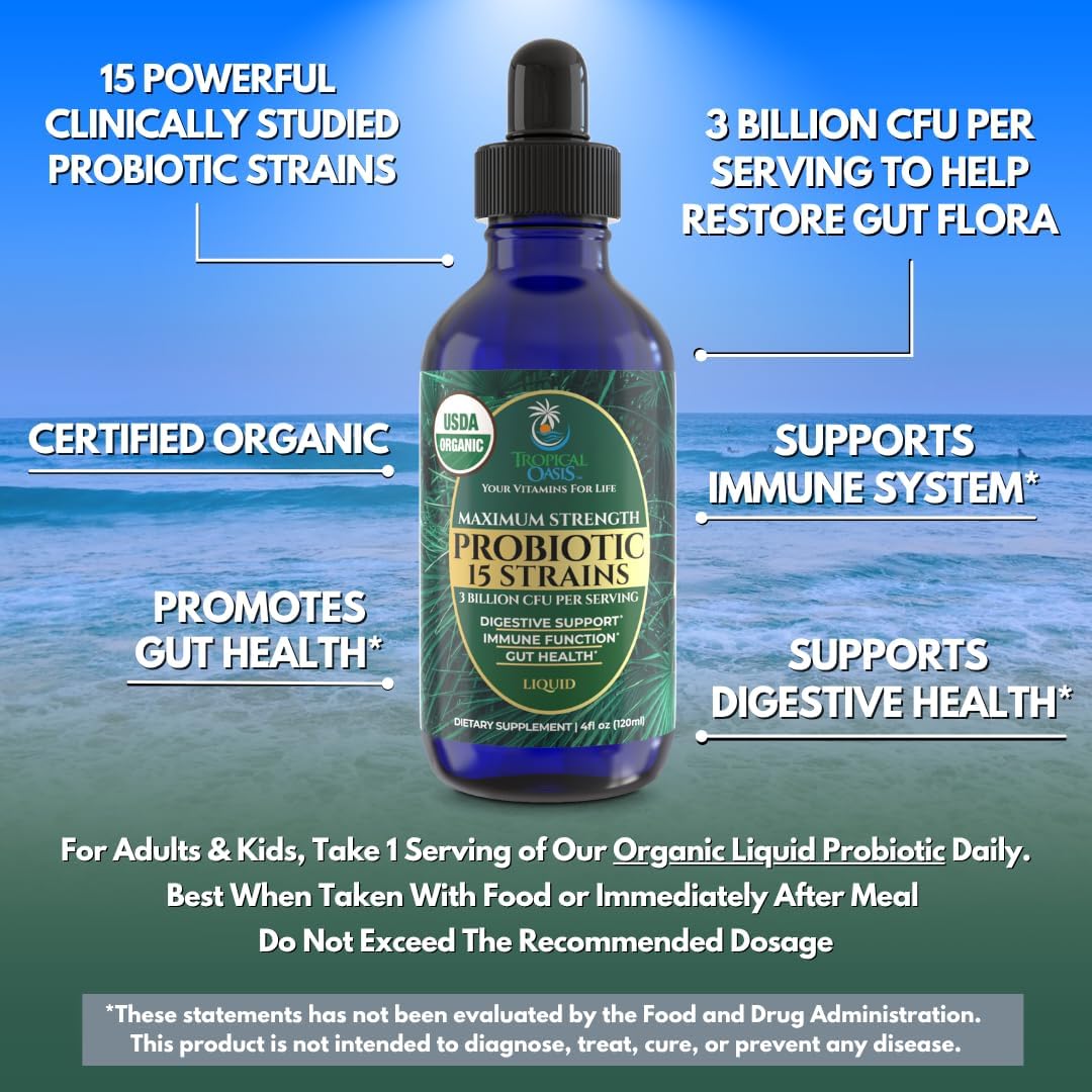 USDA Organic Liquid Probiotics for Men, Women & Kids | 15 Clinically Studied Strains | Digestive Support, Immune & Gut Health | Maximum Strength | 98% Absorption | Vegan, Non-GMO | 40 Serv