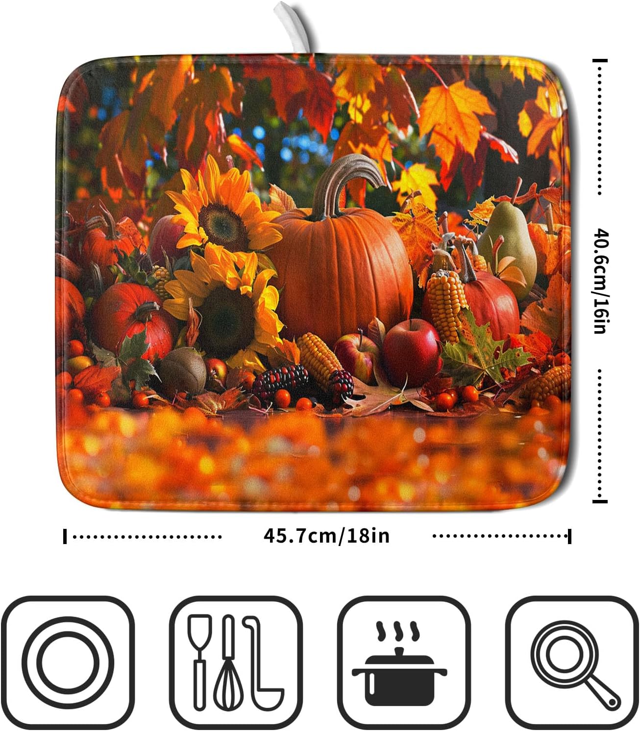 Fall Harvest Pumpkin Dish Drying Mat for Kitchen Counter,Thanksgiving Maple Leaves Sunflower Drying Mat 16 x 18 Inch with Absorbent Reversible Microfiber Dish Drying Pad for Coffee Bar