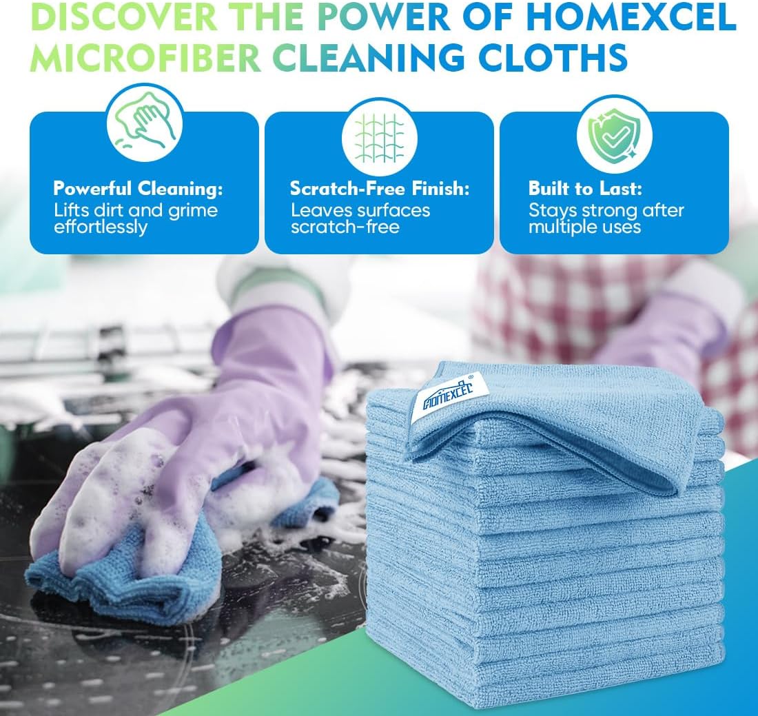 HOMEXCEL Microfiber Cleaning Cloth 20 Pack 11.5 x 11.5 inch Microfiber Towels for Cars Ultra Absorbent Car Washing Cloth Lint Free Streak Free Cleaning Rags for Car, Kitchen Window Blue