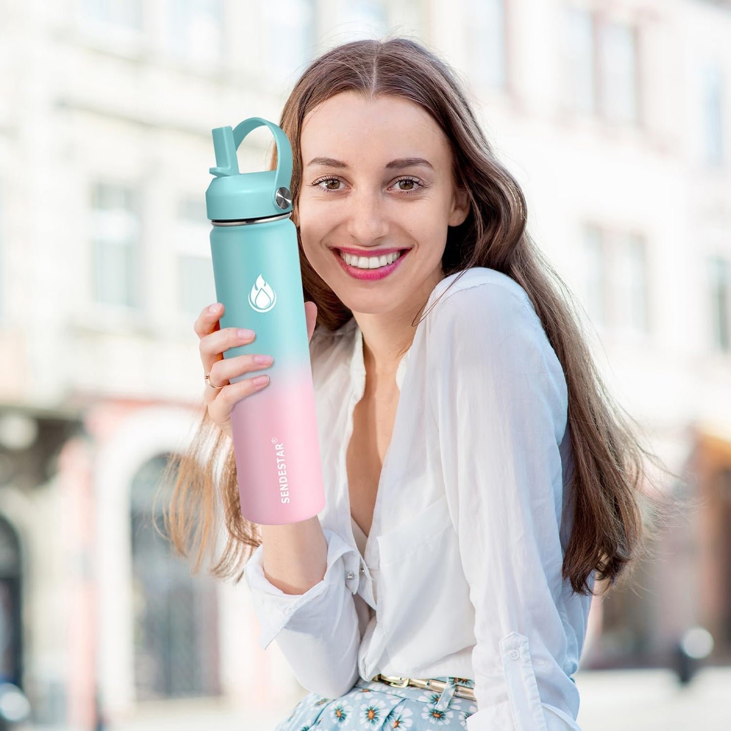 SENDESTAR Stainless Steel Wide Mouth Water Bottle 24oz Double Wall Vacuum Insulated Leak Proof Bottle with New Flex Straw Lid & Spout Lid