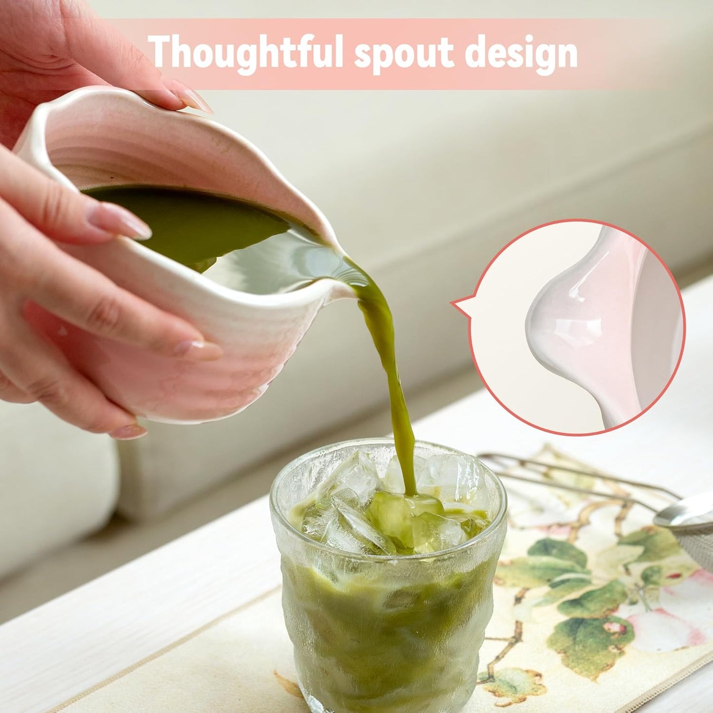 Matcha Whisk Set Ceramic Matcha Set Includes Bowl,Spout Bamboo Chasen Whisk with Ceramic Holder, Matcha Scoop and Stainless Sifter, Matcha Kit for Women,Gift for Matcha Lovers(7Pcs,Pink)