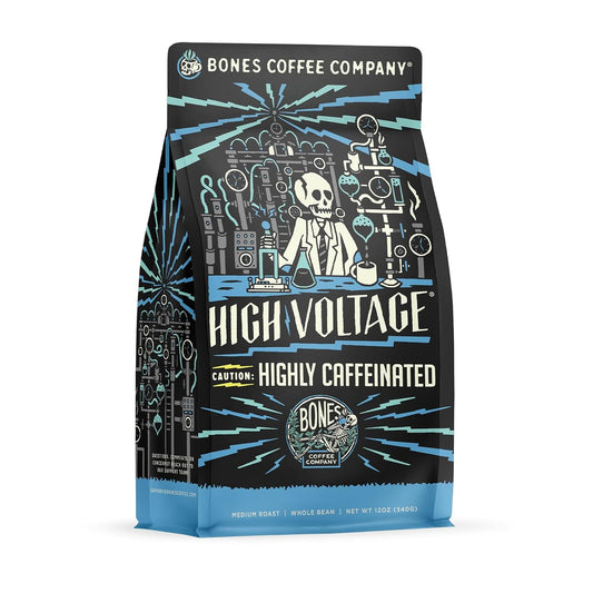 Bones Coffee Company High Voltage, Highly Caffeinated Unflavored Coffee, Medium Roast Low Acid Arabica Beans Compatible with Auto drip and French Press Coffee Maker, 12 Oz Whole Bean