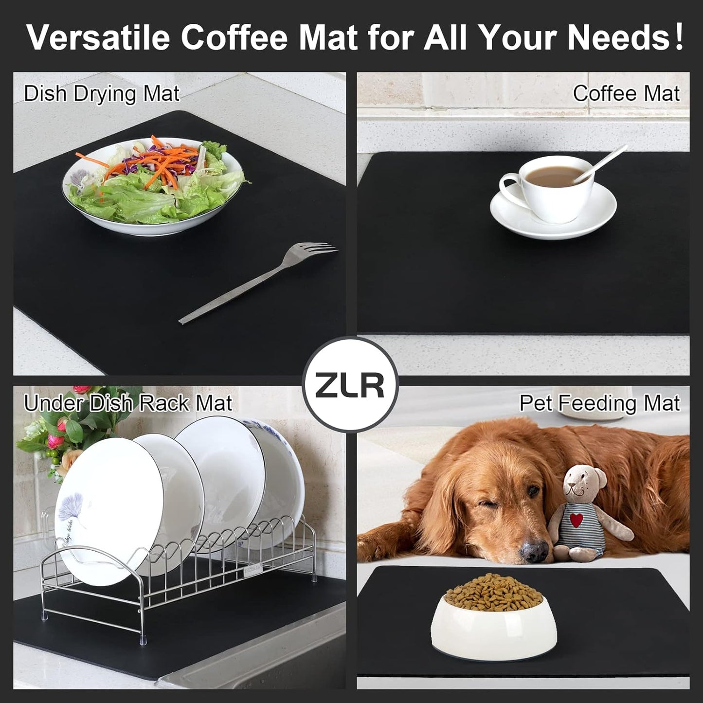 ZLR Coffee Mat - 12" x 16" Small Kitchen Hide Stain Absorbent Dish Drying Mat for Countertop - Easy to Clean Coffee Bar Mat for Espresso Machine and Spill Protection - Black
