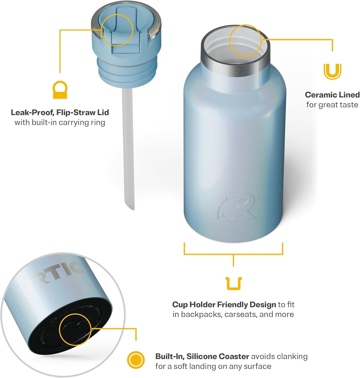 RTIC Little Journey Bottle with Straw, Insulated, Stainless Steel, Metal, Double Wall Vacuum-Insulation, Ceramic-Lined, Leak-Proof Lid, BPA-Free Water Flask for Sports, Travel, RTIC Ice Glitter