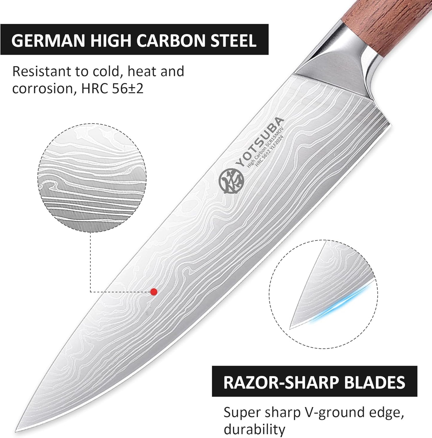 YOTSUBA 8PCS Kitchen Knife Set with Scissors & Sharpener, Ultra Sharp High Carbon Stainless Steel Kitchen Utensils Set with Elegant Rosewood Handle Ergonomic Design, Natural Acacia Block with Gift Box