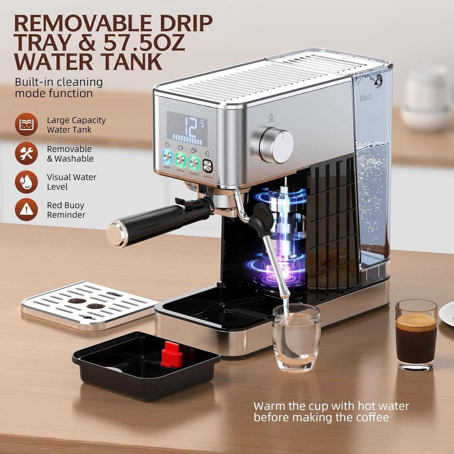 Espresso Machine 20 Bar, Stainless Compact Espresso Maker with Steam Milk Frother, 57.5OZ Water Tank, Touch Screen Indicator of Making Time, for Latte, Cappuccino, Silver (2025 updated model)