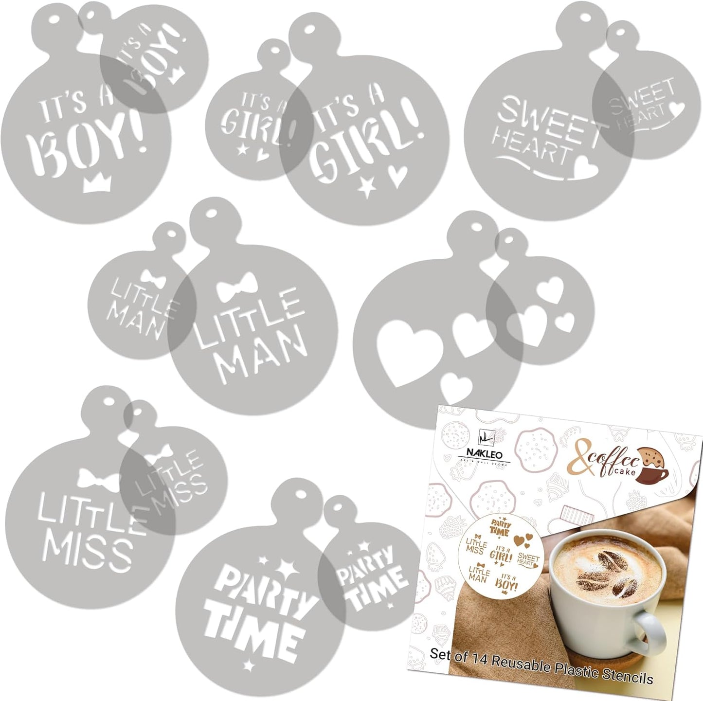 NAKLEO Coffee Stencils and Cookies Decoration 14Pcs 2.8”x2.8” and 4.3”x4.3”, Reusable Plastic Baking Templates, Baby Shower Newborn, Barista DIY Art Craft, Capuccino Latte Chocolate Cake Biscuit