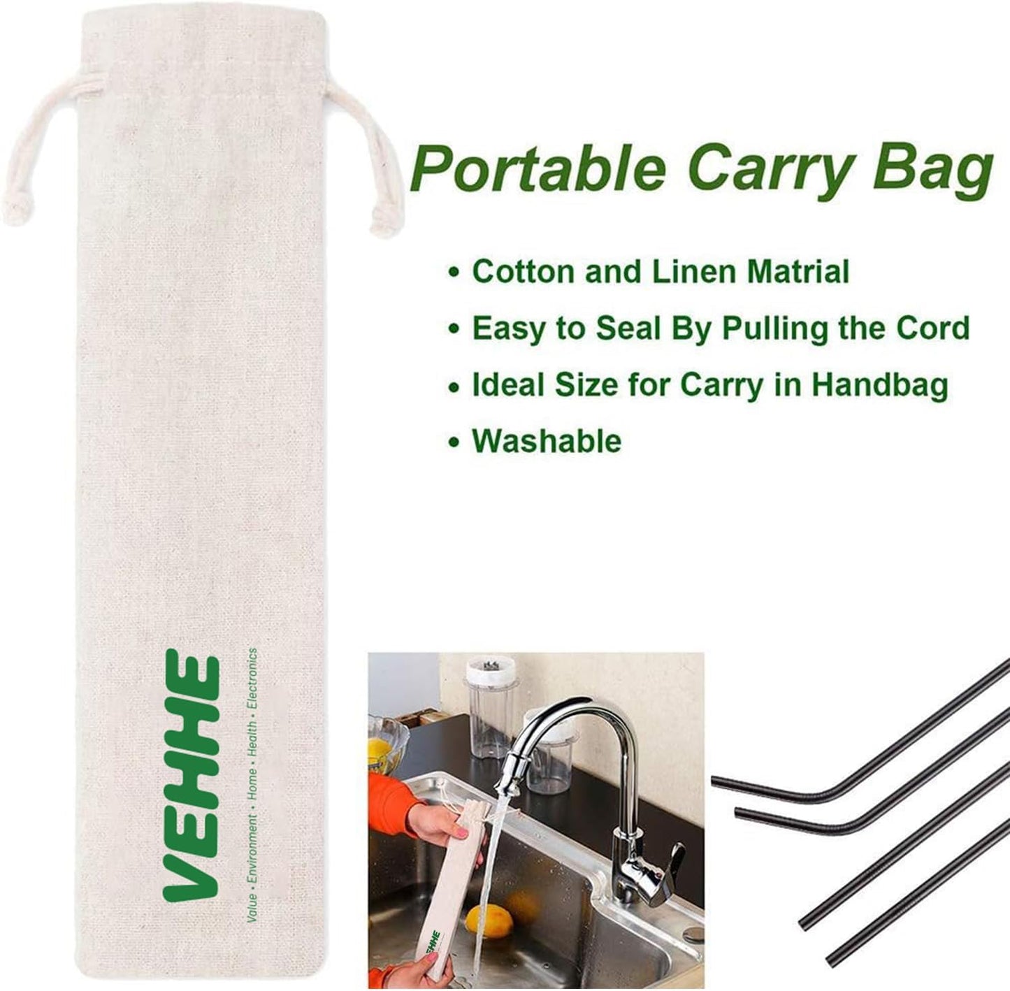 VEHHE Black Metal Straws Reusable Stainless Steel Straws with Cleaning Brush for 20/30 Oz for Yeti RTIC SIC Ozark Trail Tumblers (Black)