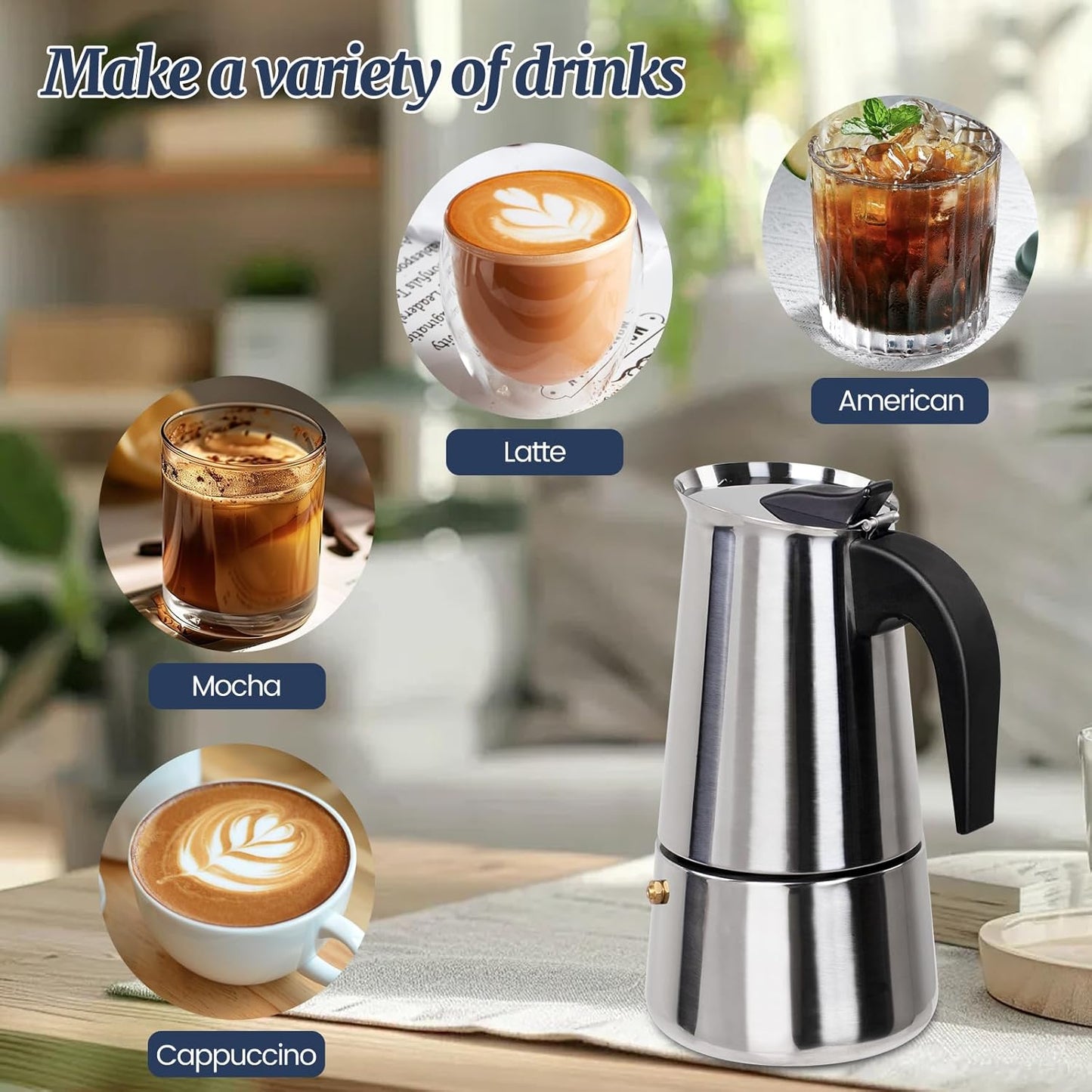 9 Cup Moka Pot Stainless Steel 450ml Italian Espresso Coffee Maker Stovetop Coffee Makers Mocha Pot Percolator Greca Coffee Maker for Induction Stove Portable for Easy Brewing Straight