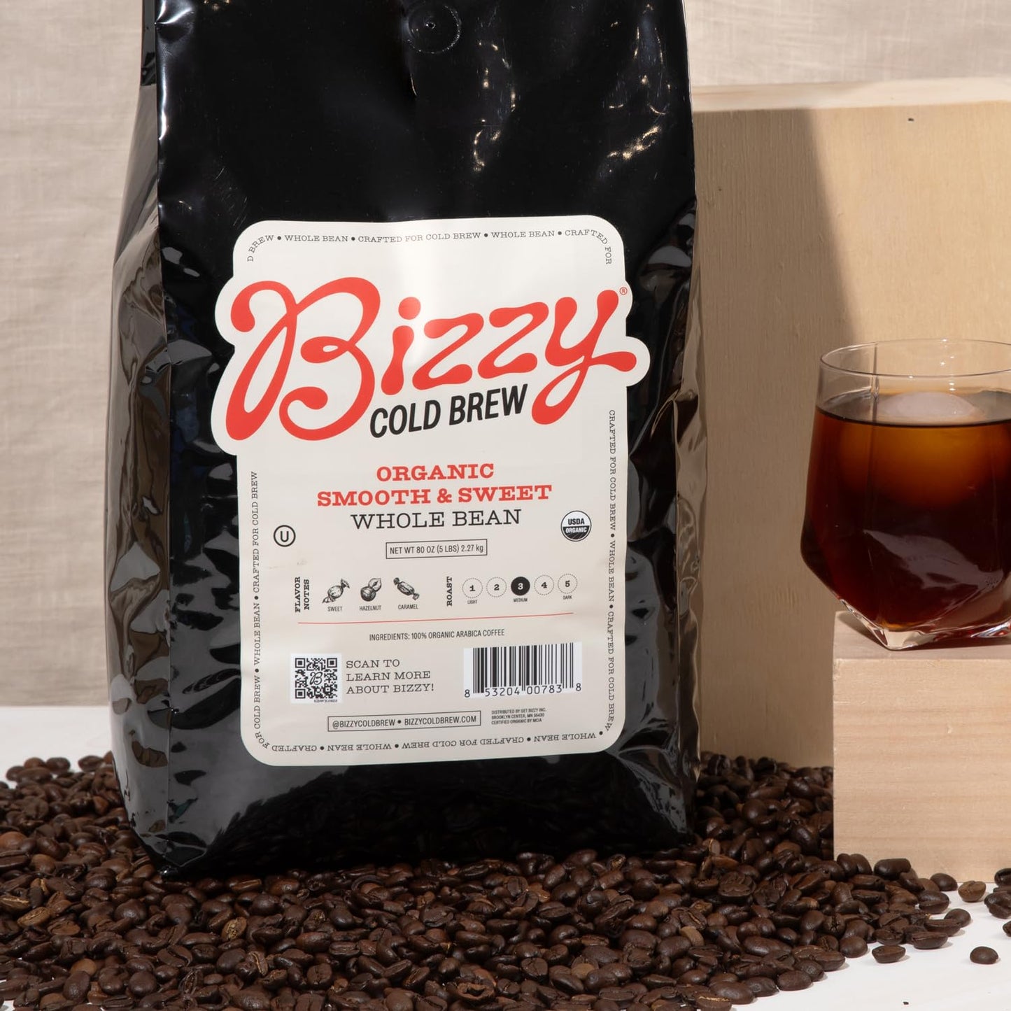 Bizzy Organic Cold Brew Coffee | Smooth & Sweet Blend | Whole Bean Coffee | Medium Roast | 100% Arabica | 5 LB