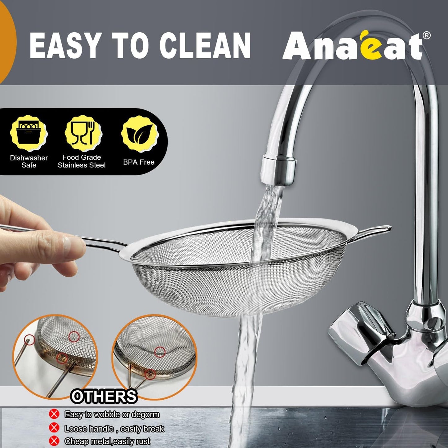 Anaeat Fine Mesh Strainers - Premium Stainless Steel Colander Sieve Sifters, with Durable Mesh and Sturdy Handle, Excellent for Sifting Dry ingredients, Flour, Pastas, Rice, Tea (2.8"+4.73"+7.09")