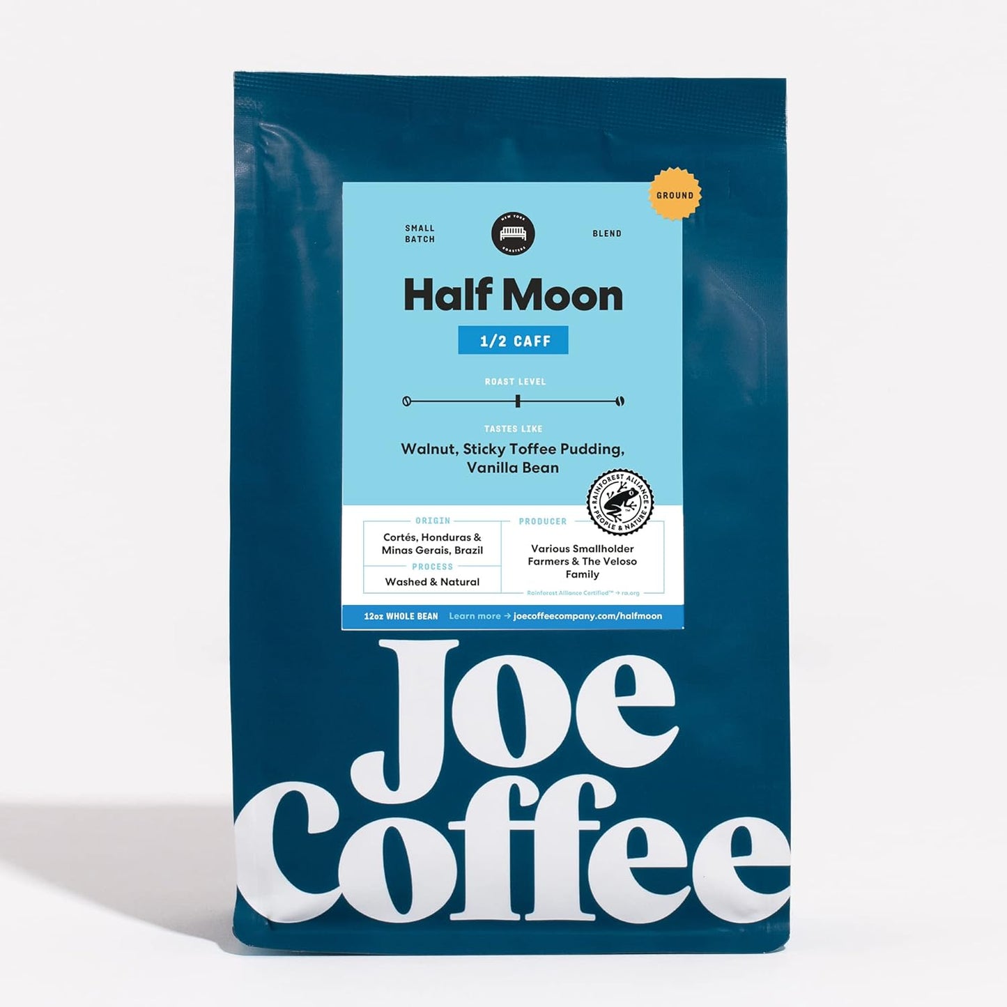 Joe Coffee Company (NYC Roaster), Half Moon Half Caffeinated Ground Specialty Coffee, 12 oz Bag, Rainforest Alliance Certified, Kosher, Climate Friendly
