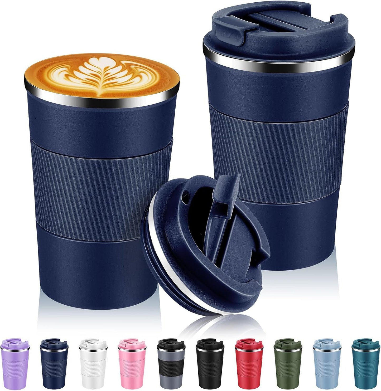 Volhoply 13 oz Stainless Steel Insulated Travel Coffee Mug with Fip Lid Bulk 2 Pack,Reusable Double Wall Vacuum Metal Coffee Cup,Portable Leak Proof Thermal Tumbler for Hot & Cold Drinks(Navy,2)