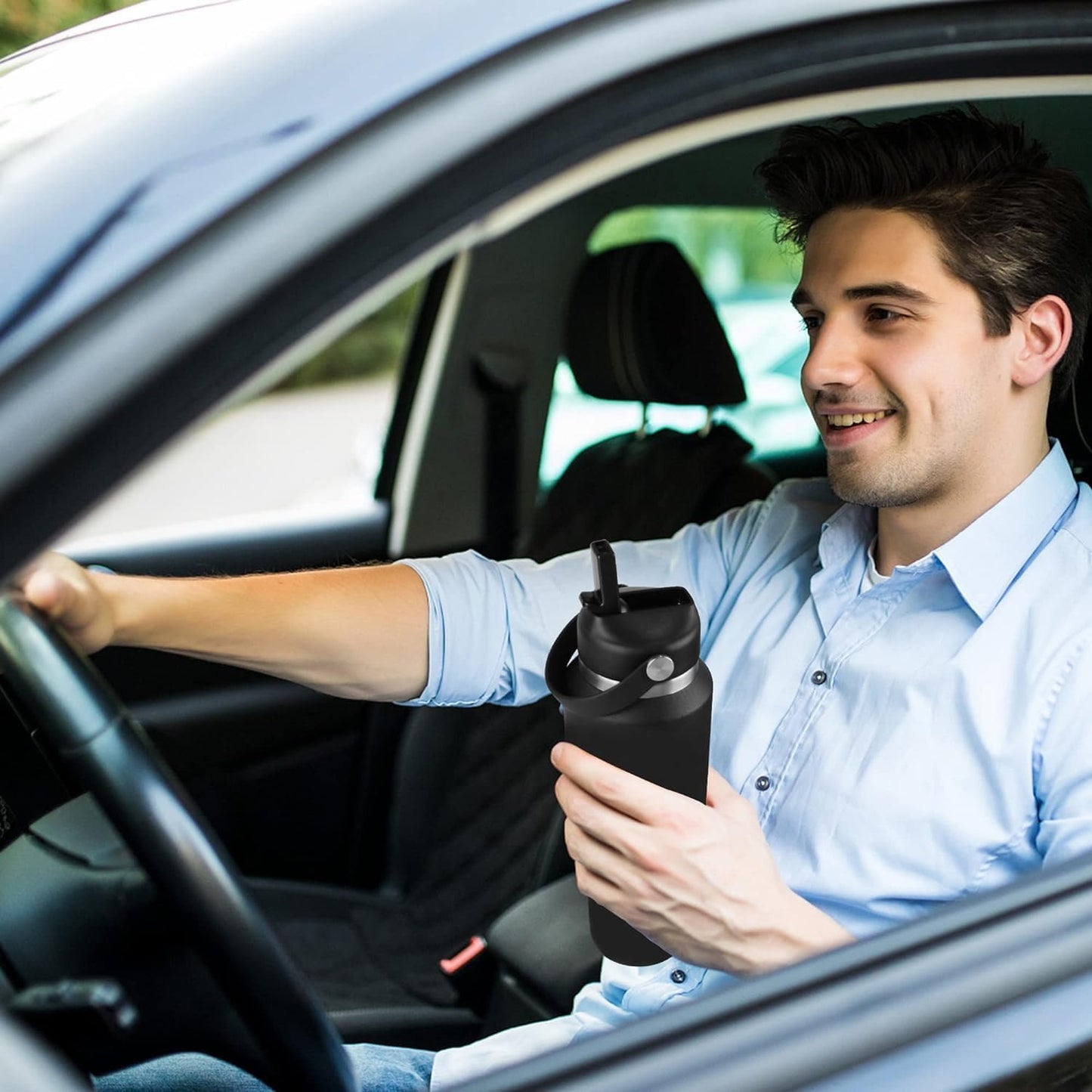 HYDROWION 40 oz Insulated Water Bottle with Straw fit in Car Cup Holder(Cold 48 hrs, Hot 24 hrs) Drinking Bottle with Straw Lid, Spout Lid and Flex Cap Leakproof Travel Thermo Mug，Laser Grey