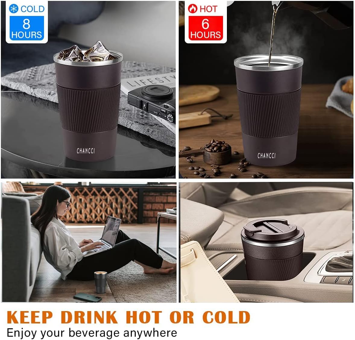 Travel Coffee Mug Spill Proof Leakproof 16 oz Insulated Coffee Mug with Screw Lid, Stainless Steel Vacuum Tumbler Reusable Thermal Coffee Cup to go for Hot and Cold Drinks -510ml, Brown