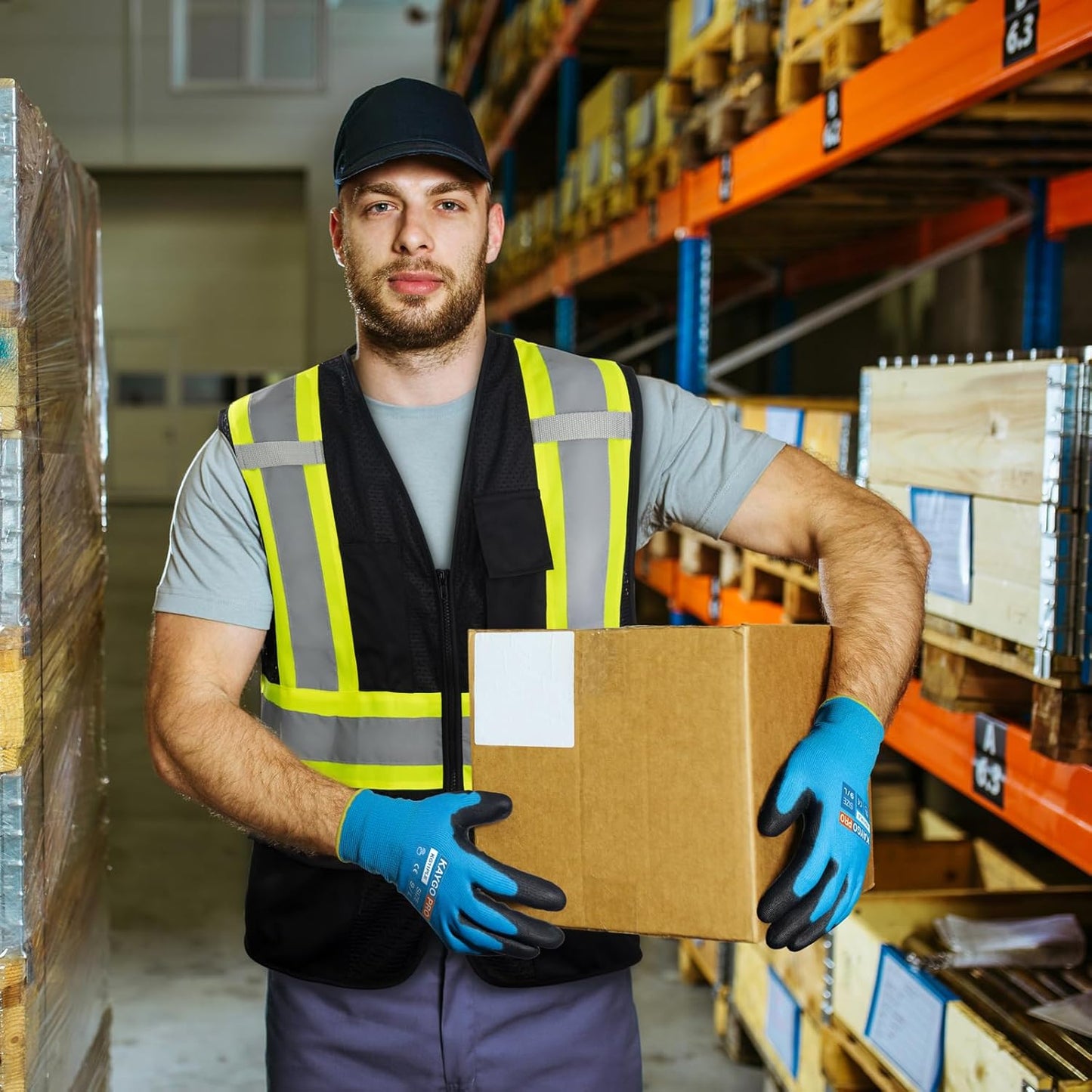 KAYGO Safety Work Gloves PU Coated for Men and Women- KG11PB,12 Pairs,Seamless Knit Glove with Two Fingers Touchscreen,Ideal for General Duty Work (2X-Large,Blue)