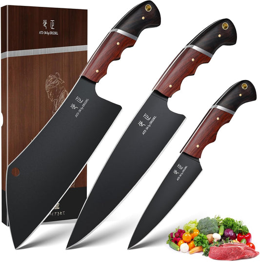 Japanese Chef Knife Set - 3 PCS Kitchen Utility Knife Sets for Cooking, Meat Cleaver Knives Set with Full Tang Wooden Handle, Gift for Birthday