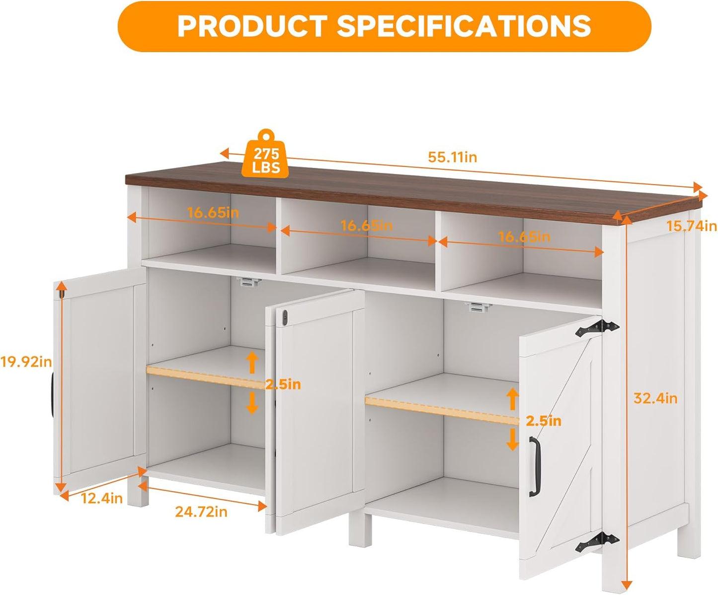 Buffet Sideboard with Storage Farmhouse with 4 Doors, 55'' Large Kitchen Storage Cabinet Wood Coffee Bar Cabinet Buffet Table with Shelves for Kitchen, Dining Room, Entryway