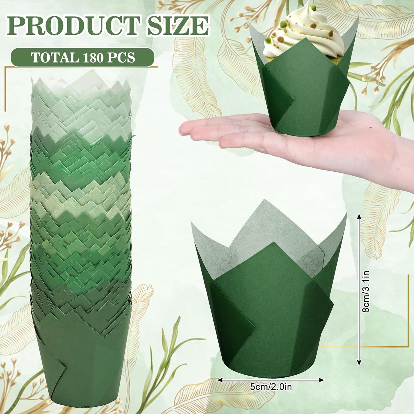 180Pcs Sage Green Tulip Cupcake Liners Gradient Green Muffin Baking Cups Cupcake Wrappers for Wedding Bridal Shower Spring Holiday Party Supplies