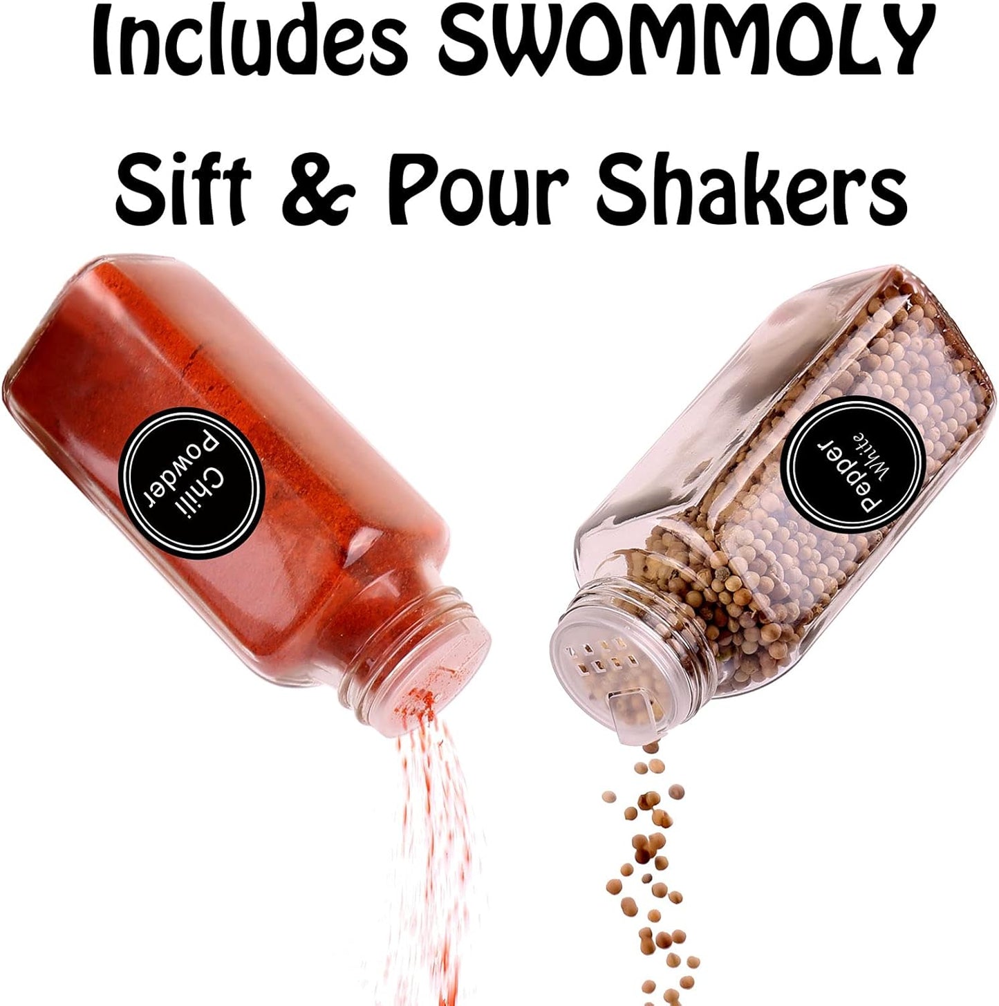 SWOMMOLY 25 Glass Spice Jars 8 oz Empty Spice Bottles with 713 Spice Labels, Chalk Marker and Funnel Complete Set. 25 Square Seasoning Containers with Airtight Cap, Pour/sift Shaker Lid