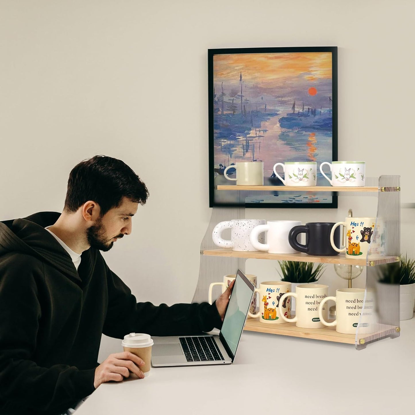 Coffee Mug Holder Wooden Cup Rack,3-Tier Acrylic Home Coffee Mug Display Rack for Kitchen Countertops, Coffee Bars, for Placing Mugs, Coffee Beans, Syrup, Cups, Stirrers ﻿