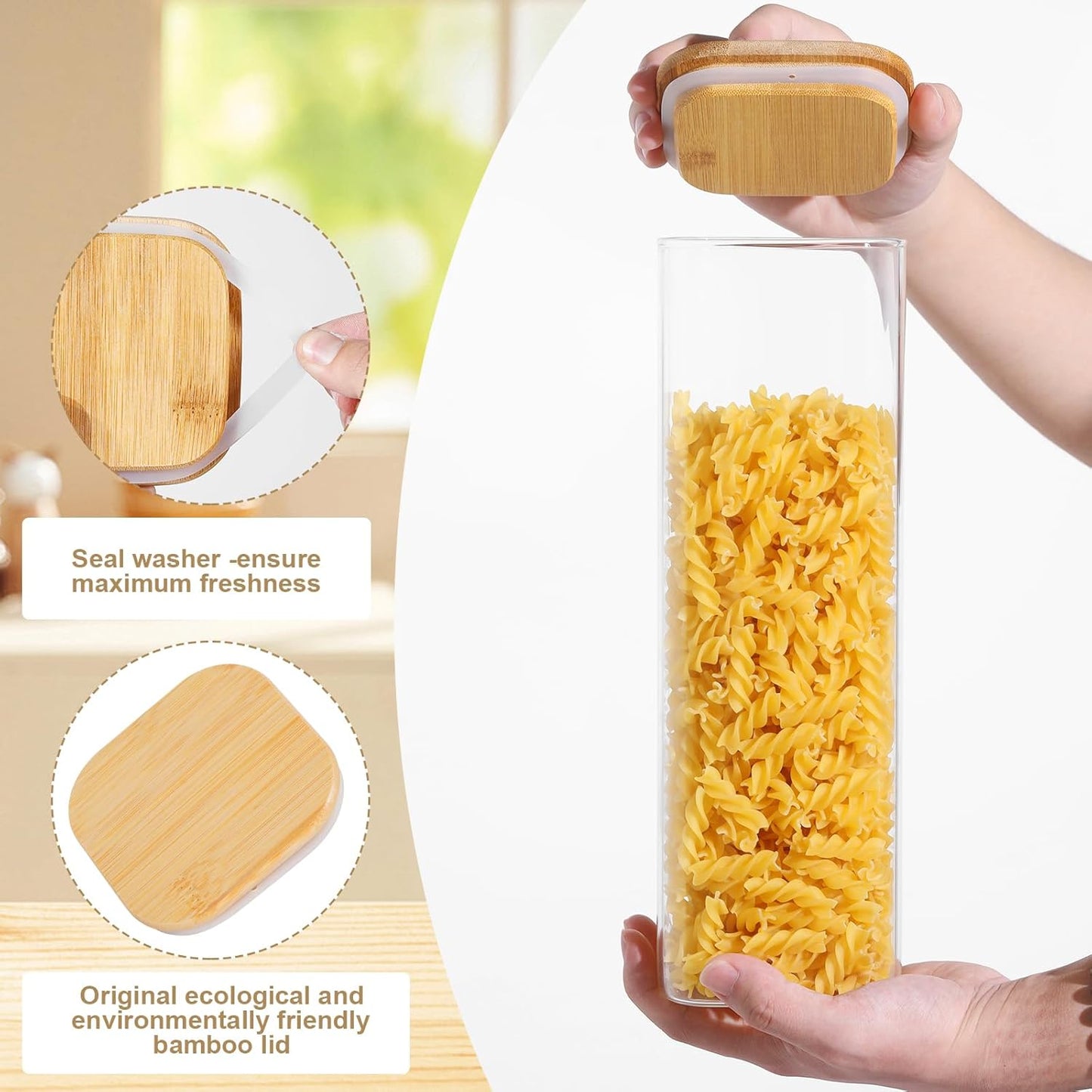 Glass Food Storage Jars with Lids(76oz)Square Set of 3 ,Glass Storage Containers Clear Glass Food Canister with Bamboo Lid Airtight For Serving Tea, Coffee Beans, Flour,Cookie, Cereal,Spice and More