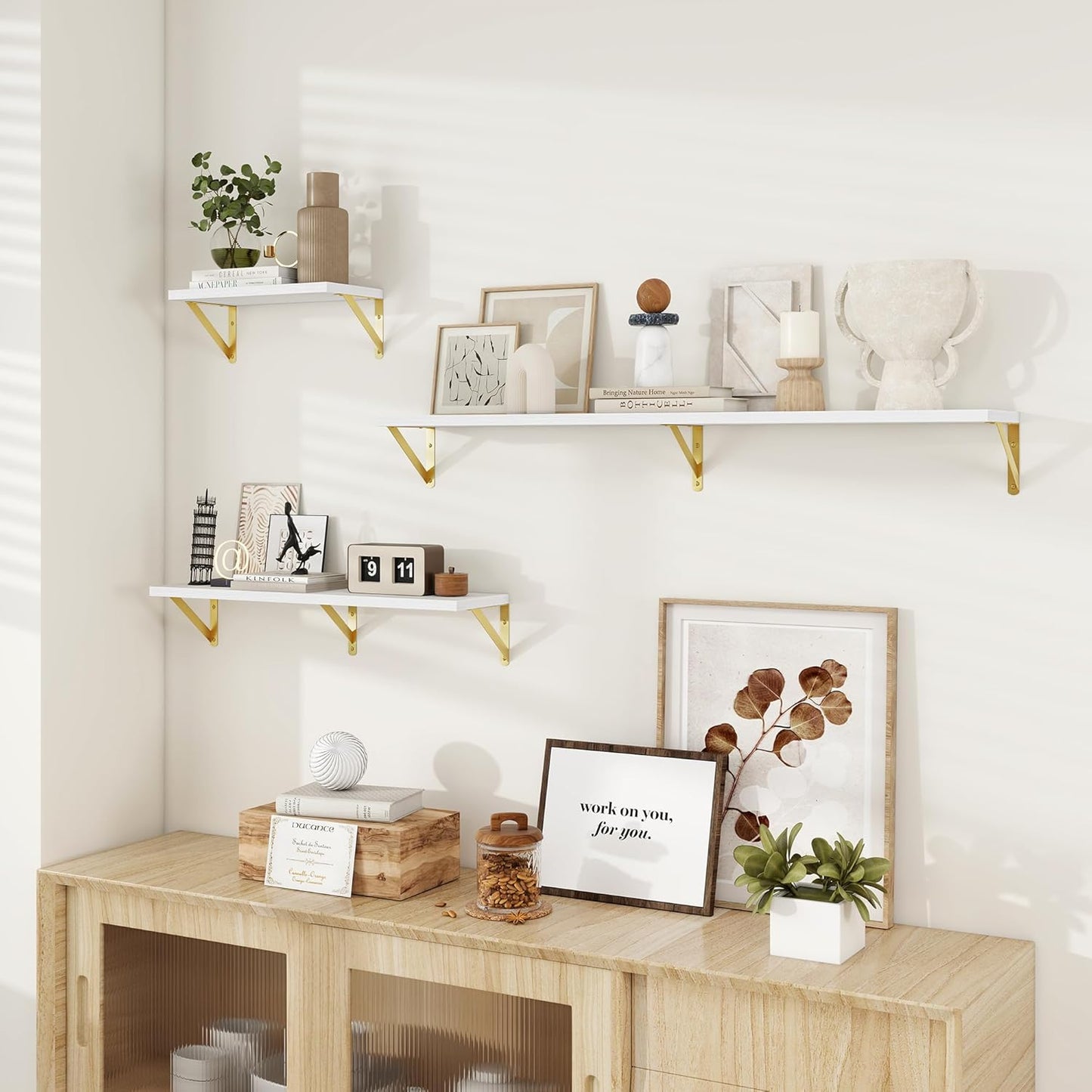 Deep Floating Shelves for Wall, 24W x 8D Wall Mounted Shelves Set of 2, Wide Display Ledge Shelf with Sturdy Metal Brackets for Living Room, Bathroom, Bedroom and Kitchen, White with Gold Brackets