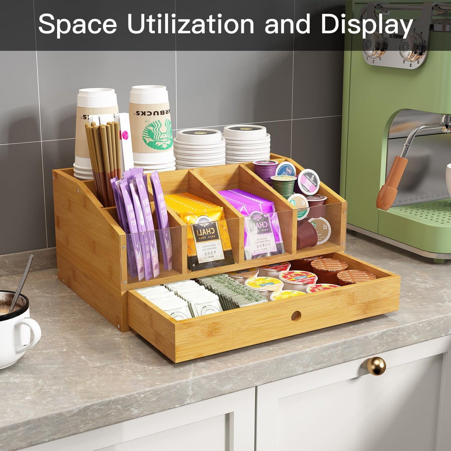 Coffee Station Organizer for Countertop Coffee Condiment Organizer, Office Coffee Station, Small Cute Coffee Bar Organizer – Bamboo & Wooden Storage with Removable Dividers & Drawer