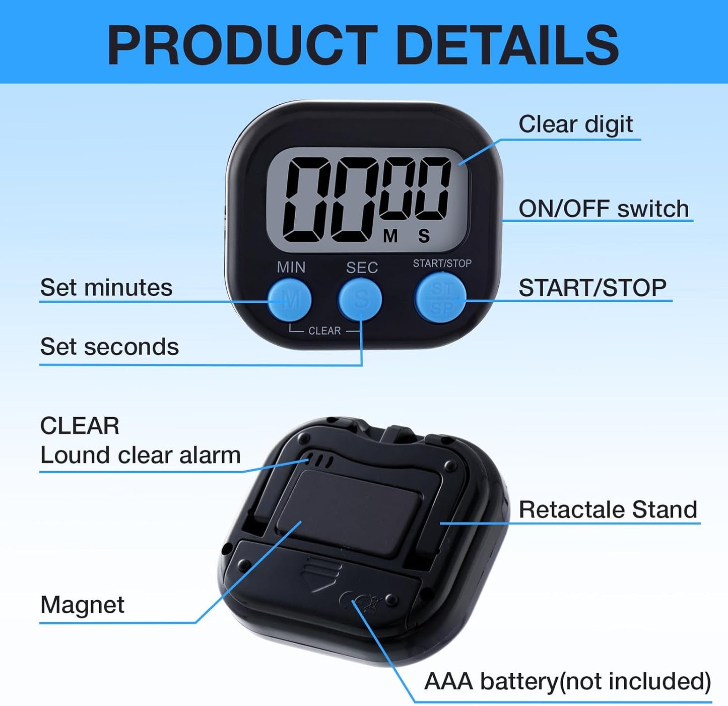 Leumoi 24 Pcs Digital Kitchen Timers Magnetic Back Timers Bulk Large Screen Loud Alarm On/Off Switch Minute Second Count up Countdown Memory Setting for Cooking Classroom Exercise(Black and Blue)