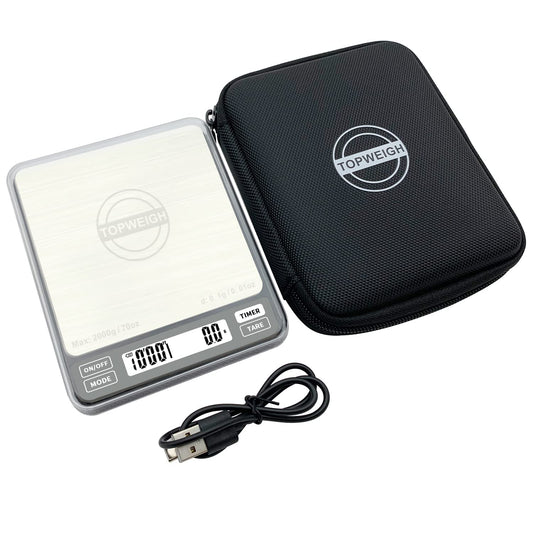 Espresso Scale, Small Coffee Scale, Rechargeable and Water-Resistant, Auto Timer & Auto Tare, Coffee Brewing Scale, 2000g/0.1g, Espresso Scale with Handy Case,70 oz / 0.01 oz, in Silver