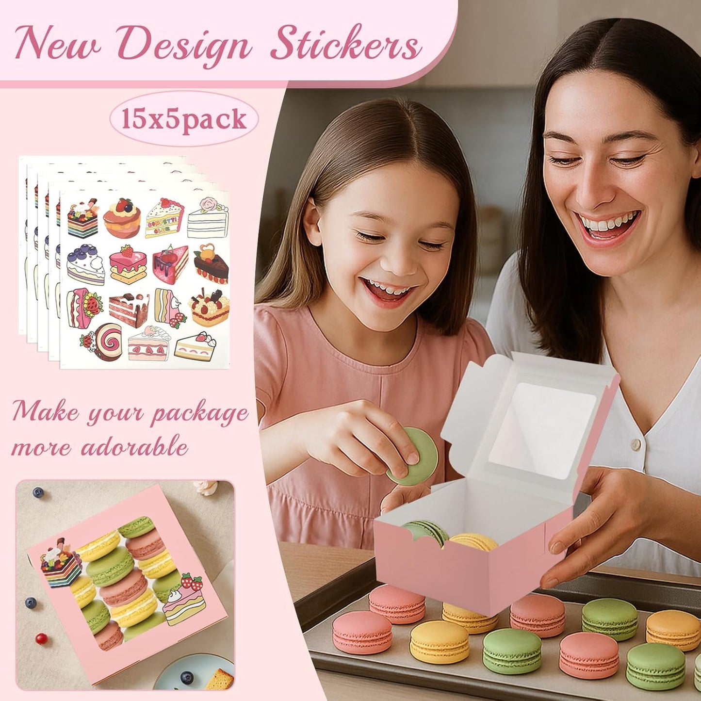 OAMCEG 50 Pack Cookie Boxes with Window, 6x6x3 Inches Pink Cupcake Boxes, Bakery Treat Boxes with Stickers & Twine for Pastry, Desserts, Strawberries, Cupcakes, Gift Giving