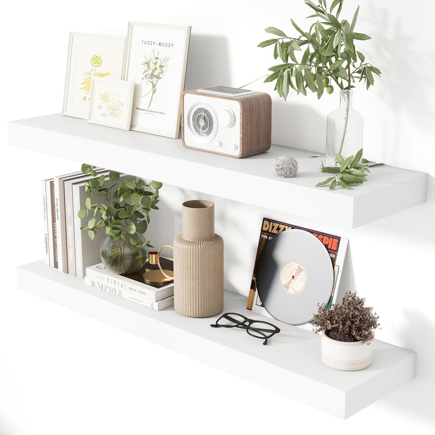 Heimlove 36 Inch Floating Shelves for Wall 8 Inch Deep White Shelves Set of 2,Wall Mounted Rustic Wood Long Floating Shelf with Invisible Brackets for Bedroom Kitchen Living Room