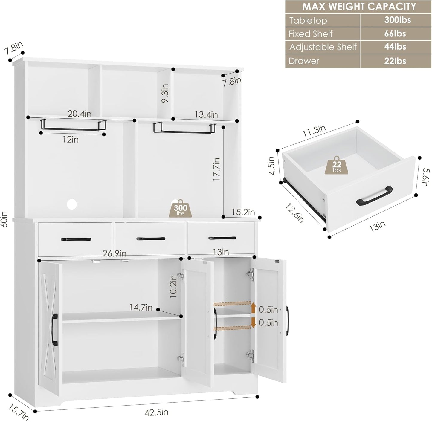 HOSTACK Buffet Cabinet with Hutch, Modern Farmhouse Kitchen Buffet Sideboard Storage with 3 Drawers, Barn Door Coffee Bar Station, Liquor Cabinet for Dining Room, Living Room, White