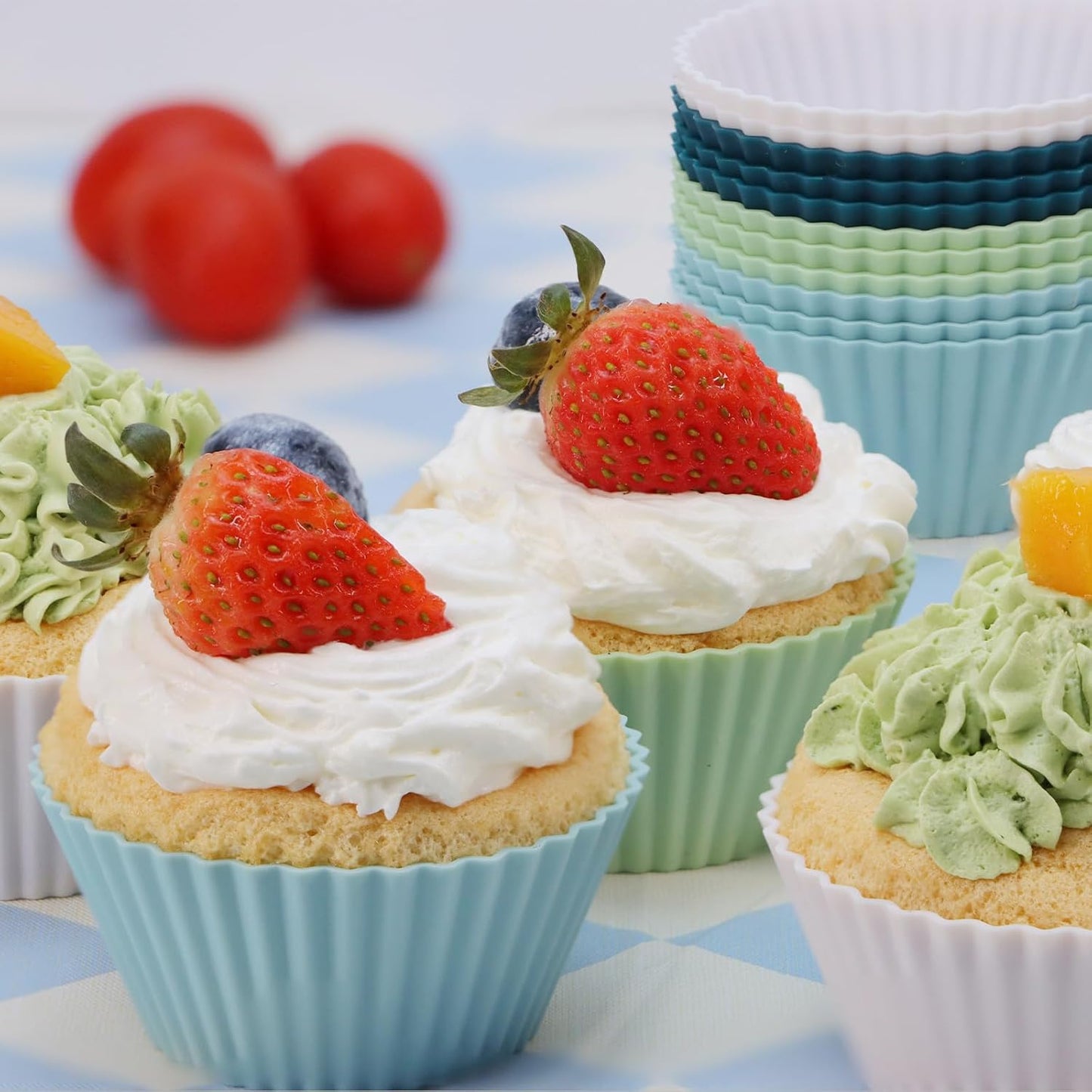 Silicone Baking Muffin Cups 12 Pack, Reusable Cupcake Liners Cake Molds, BPA Free, Dishwasher Safe(White, Green, Navy, Dusty Blue)