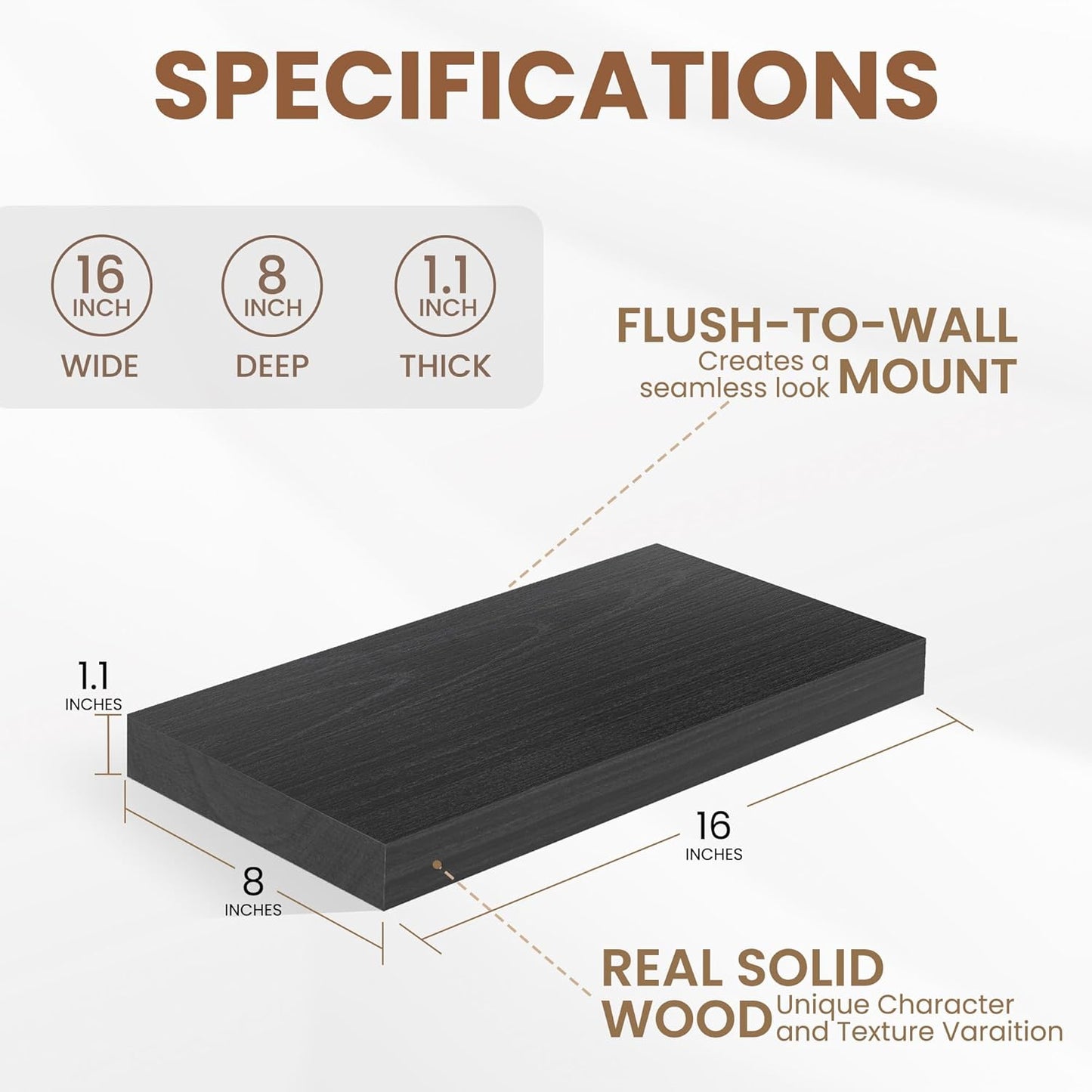 Floating Shelves for Wall, Real Wood Floating Shelf Set of 2, 8 Inch Deep Floating Shelves, Rustic Wood Wall Shelf for Home Decor, Deep Storage Shelves for Bathroom, Kitchen, 16"W x 8"D, Black Color