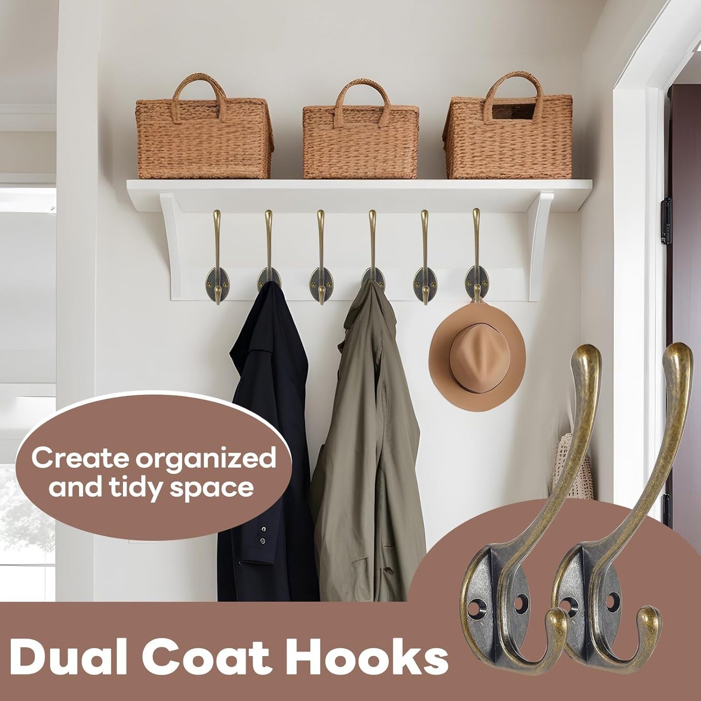 Wall Hooks for Hanging, 15-Pack Heavy Duty Metal Coat Hooks, for Living Room, Bathroom, Kitchen, Bedroom for Towel, Hat, Key, Closet, Bag (Bronze)