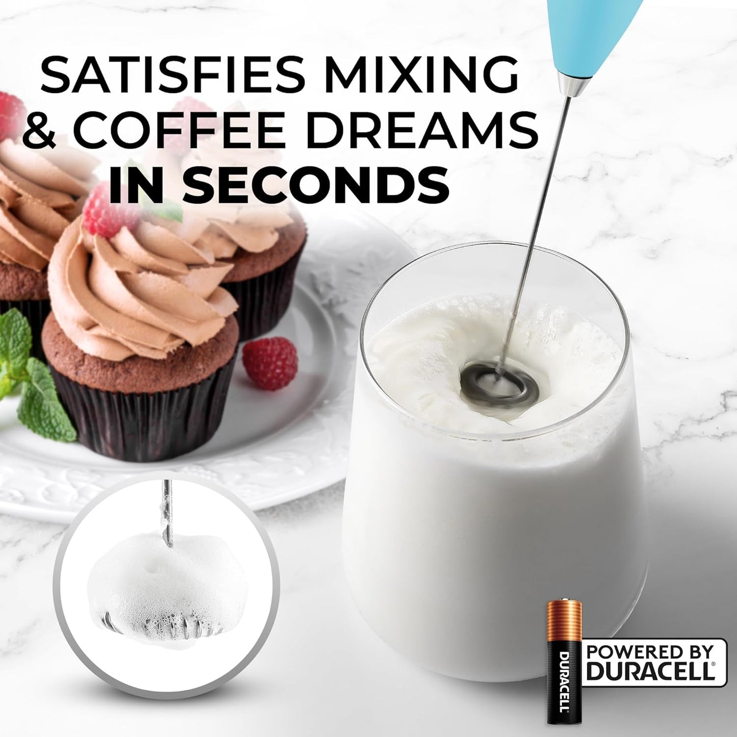 Zulay Powerful Milk Frother (4 Duracell Batteries Included) - Handheld Milk Frother Wand Drink Mixer for Coffee - Powerful Milk Foamer for Cappuccino, Frappe, Matcha & Coffee Creamer - Fresh Mint