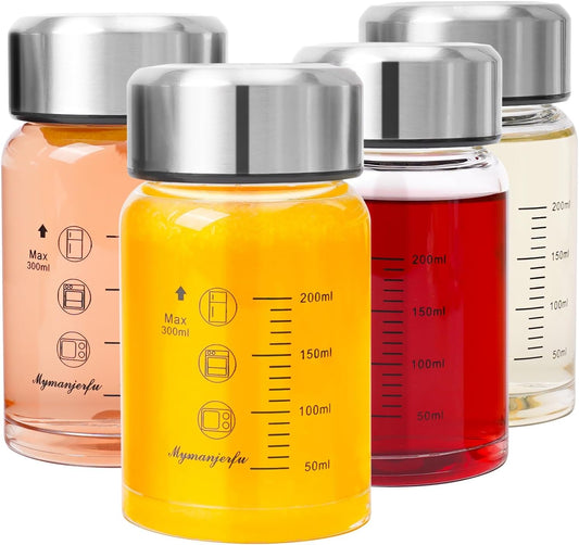 Glass Juice Bottles 4 Pack 10 oz - Wide Mouth Glass Water Bottles with Lids - for Juicing, Smoothies, Milk, Protein, BPA Free, Reusable, Stainless Steel Lids, Leak Proof, Shaker bottle (10oz/300ml)