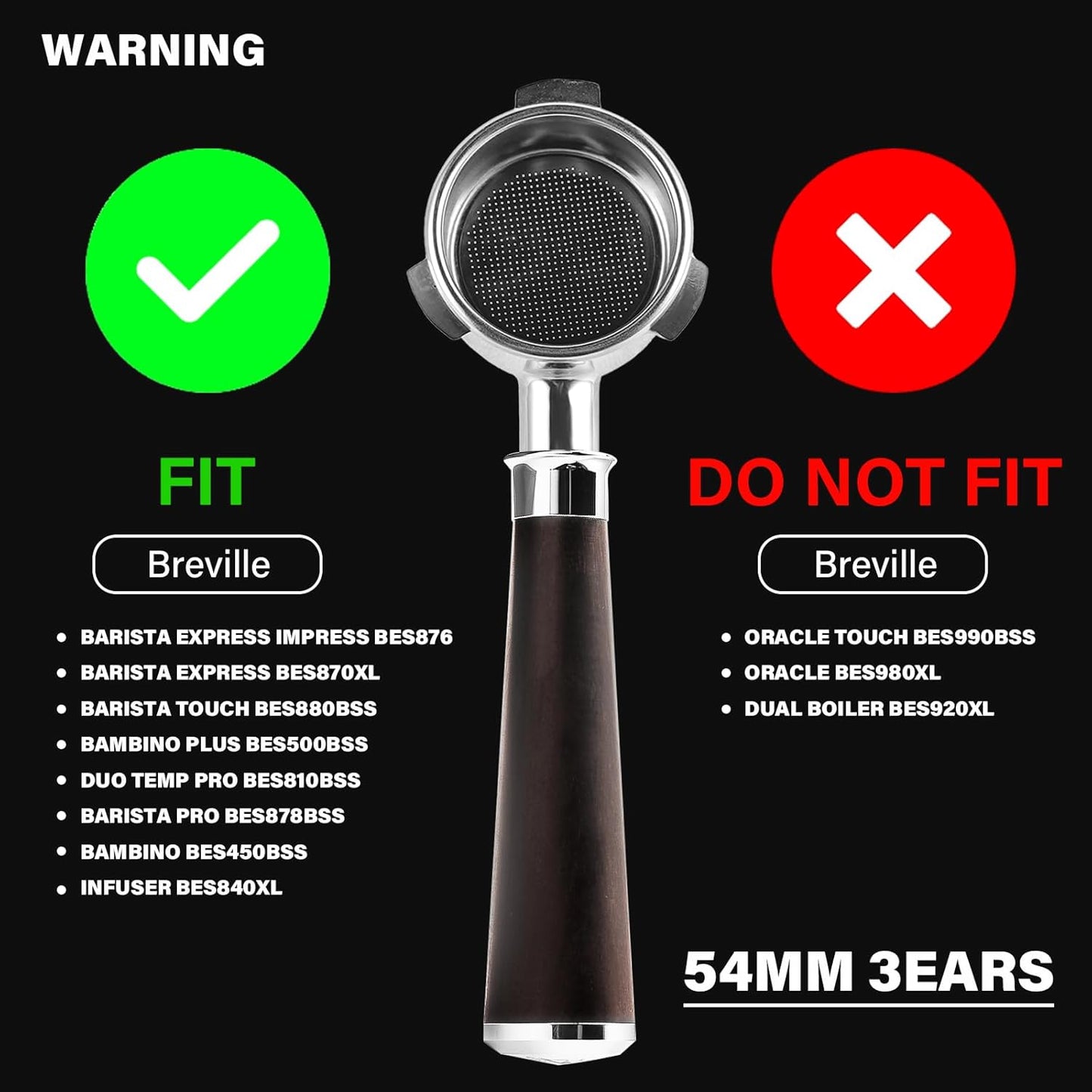 CrossCreek 54mm Espresso Bottomless Portafilter with 3 Ear | Fits 54mm Breville/Sage Barista Espresso Machine | Stainless Steel Basket and Solid Wood Handle | Espresso Accessories