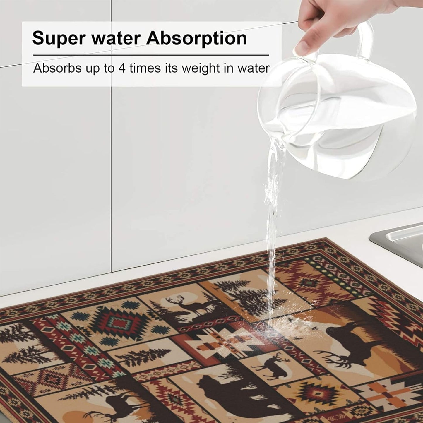 Western Wildlife Geometric Dish Drying Mat for Kitchen Counter, 16" x 18" Absorbent Microfiber Foldable Drying Pad for Dishes, Absorption, Washable, Decorative Rustic Kitchen Mat for Sink, Home Decor