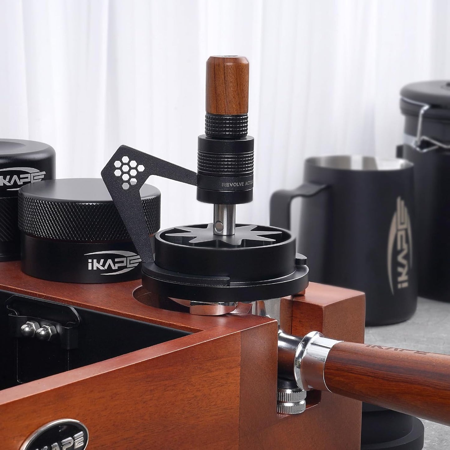 IKAPE Mantis WDT Distribution Tool with Clean Brush, 51mm Espresso Stirrer Distribution Tool for Barista - 8 Needle Espresso Stirrer with Dosing Funnel & Stand, Adjustable Needle Height, Walnut Handle