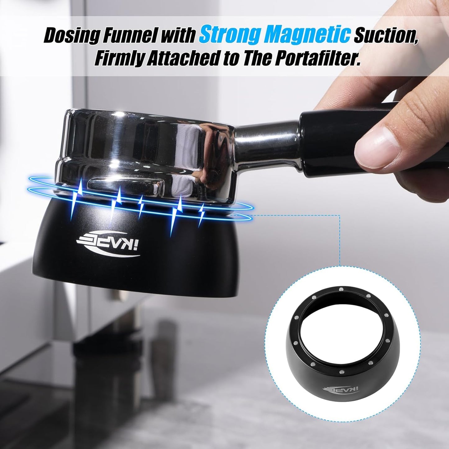 IKAPE Magnetic Dosing Funnel Set, 58MM Espresso Dosing Ring & Puck Screen Kit Compatible with 58MM Bottomless Portafilter - with 10 Small Magnet (Black)