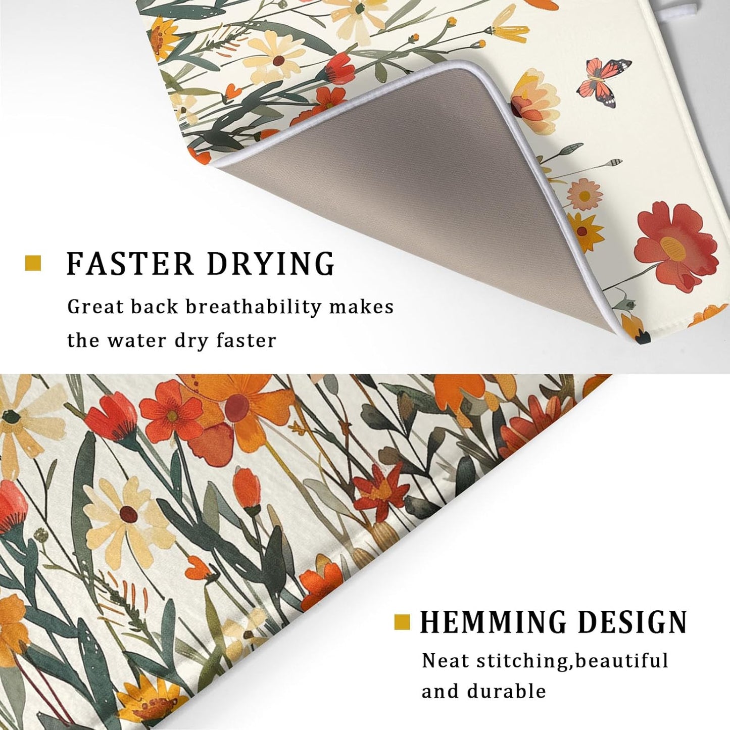 Fall Orange Wildflower Dish Drying Mat for Kitchen Counter,Autumn Floral Butterflies Drying Mat 18 x 24 Inch with Absorbent Reversible Microfiber Dish Drying Pad Dish Pad for Coffee Bar